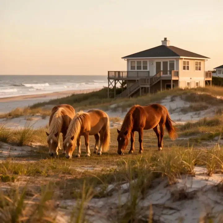 Wild Colonial Spanish Mustangs walking on Carova Beach at sunrise