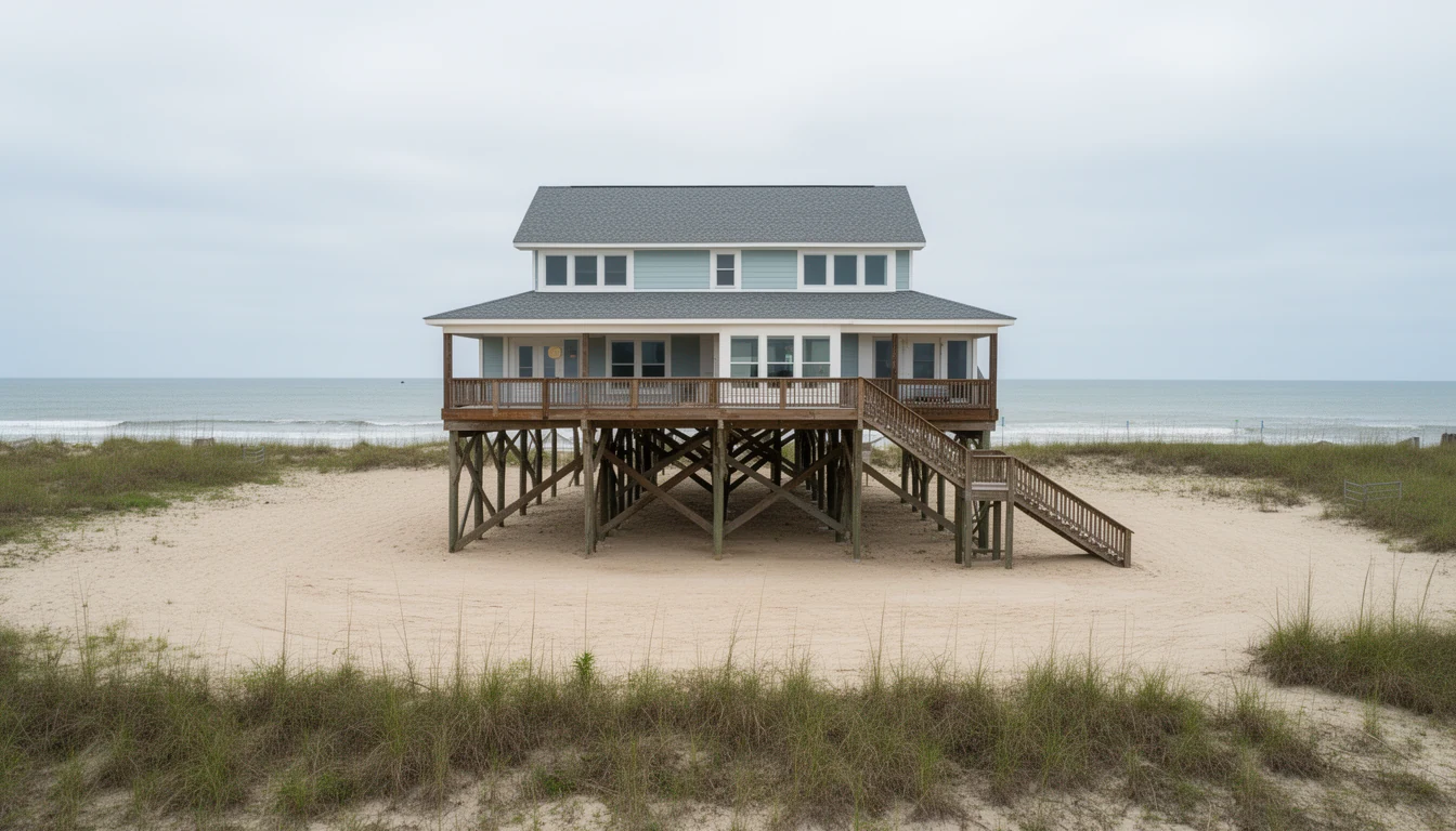 Piling foundation and dune line on an oceanfront lot at Carova Beach, Currituck County