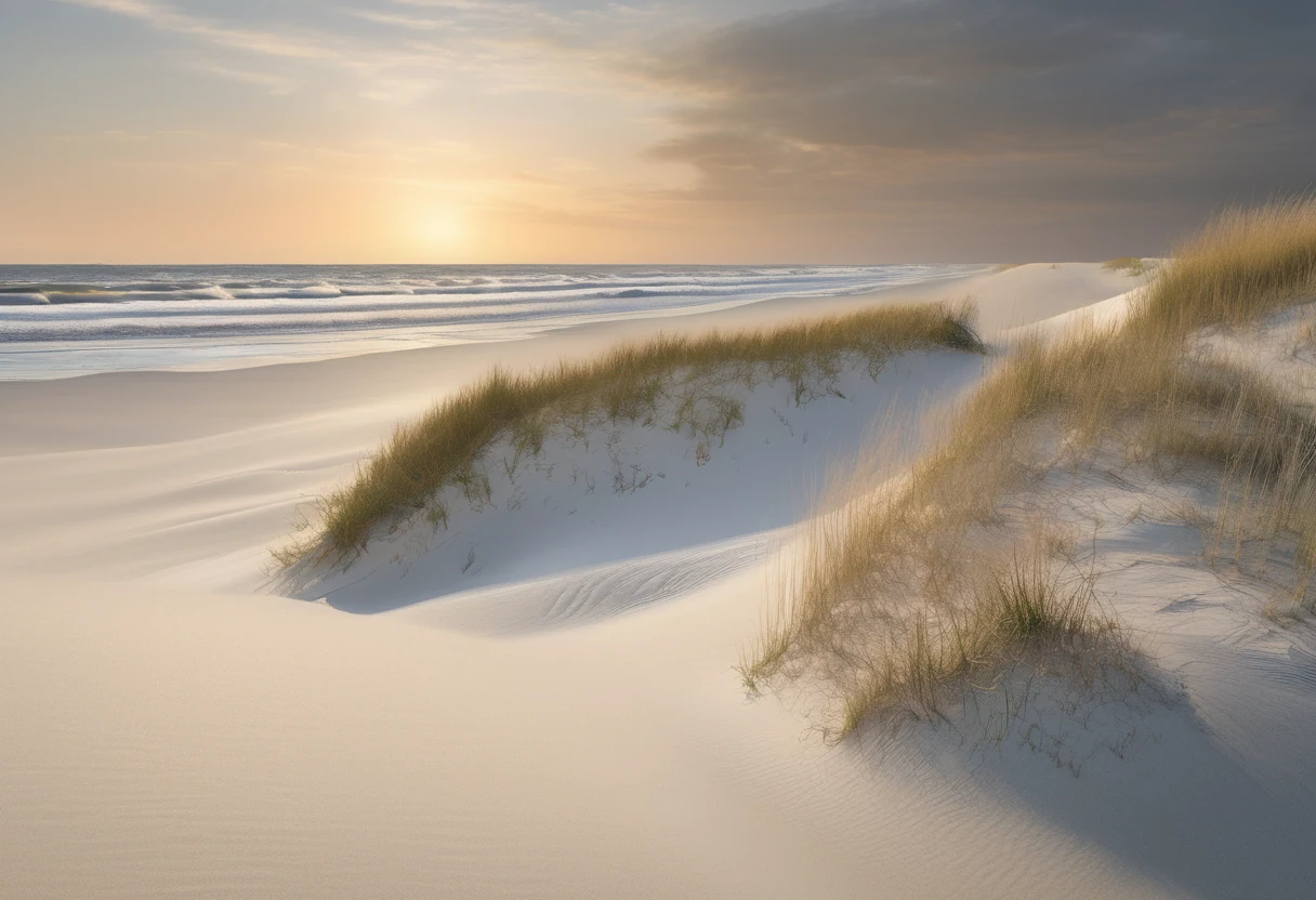 Dune crest covered in dune grass above an empty oceanfront beach at low sun, Carova, Currituck County