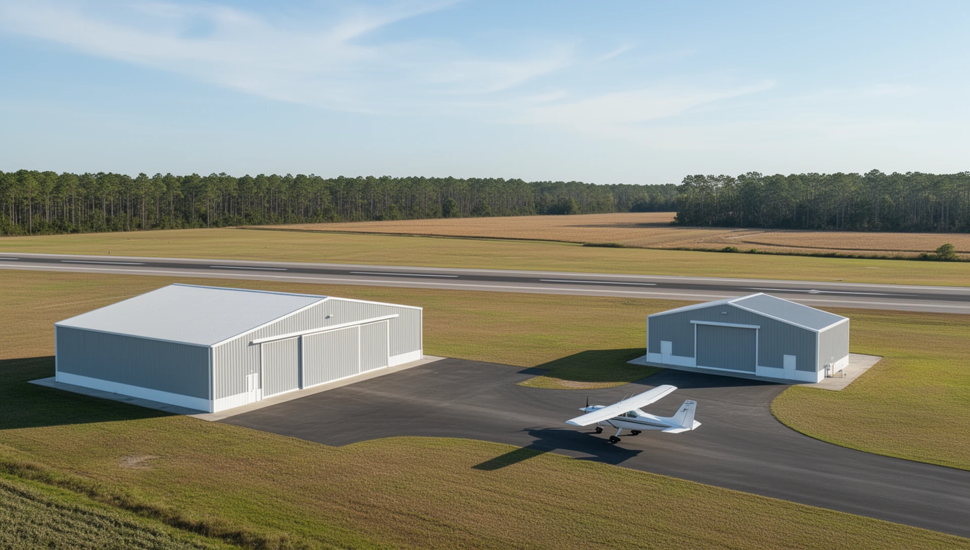 Illustrative AI rendering of two light-gray aircraft hangars beside a paved taxilane at a small general aviation airport on flat coastal farmland; not a photograph of the actual site