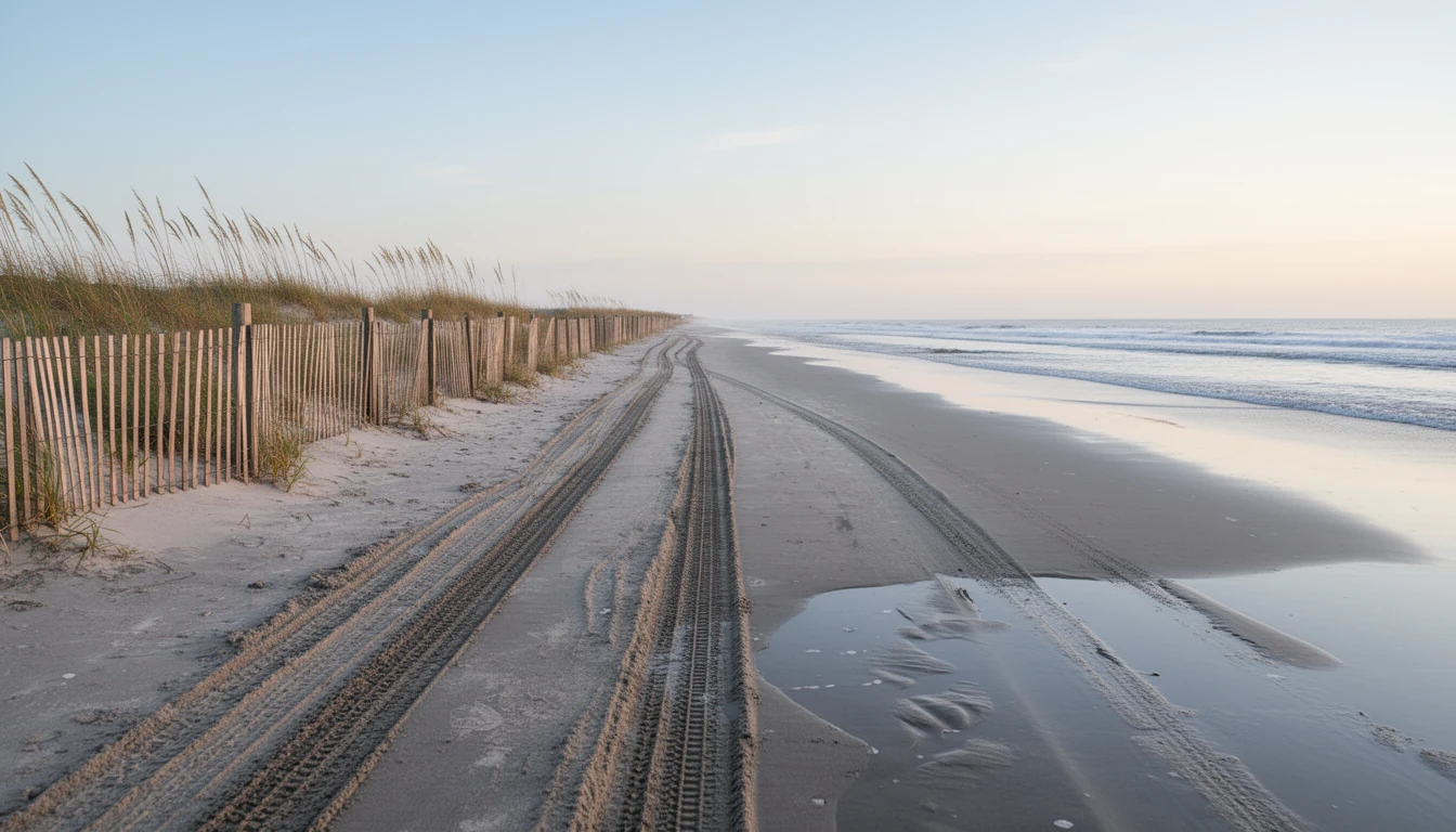 Tire tracks and a wooden sand fence on the low-tide beach corridor north of the pavement at Carova Beach, Currituck County