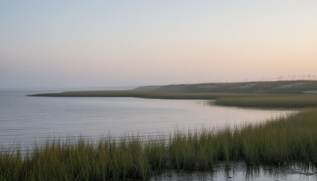Morning light over Currituck Sound, marsh grass at the water's edge and open water reaching a wide Outer Banks sky