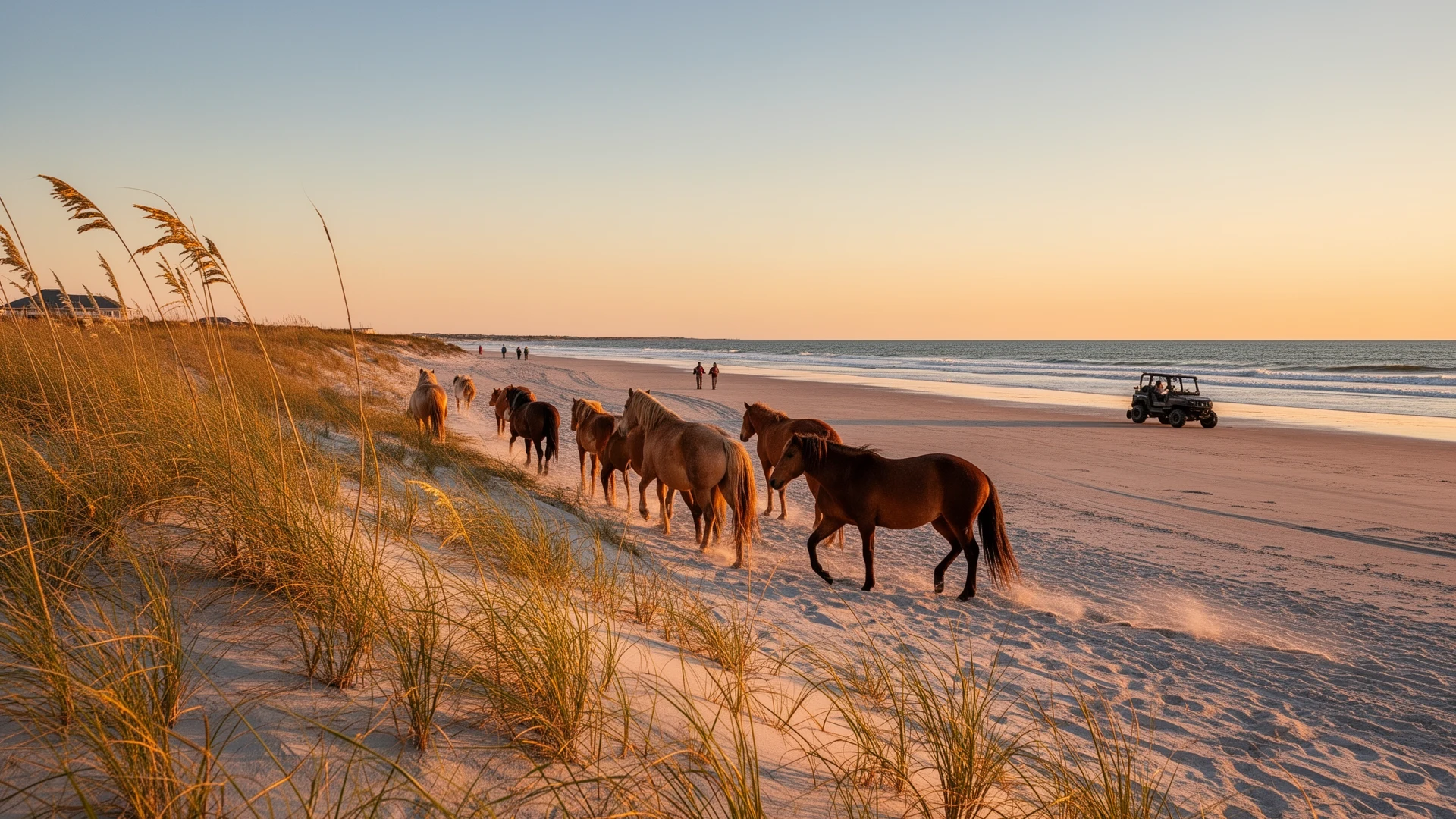 Wild horses on the Carova dune line at golden hour with ocean surf behind the dunes and a 4x4 far in the distance
