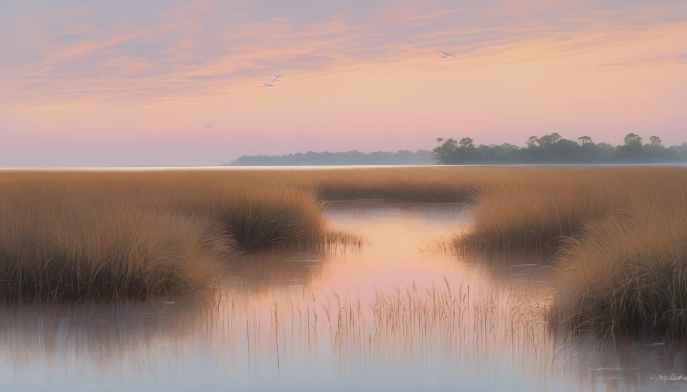Currituck Sound marsh grass at dawn with calm water and a wide Outer Banks sky