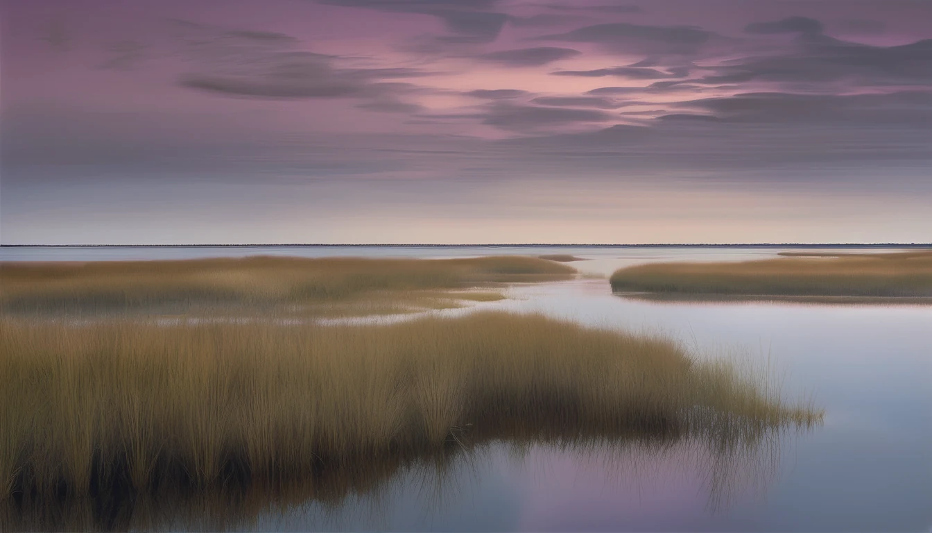 Currituck Sound shoreline with marsh grass and a wide Outer Banks sky at dawn